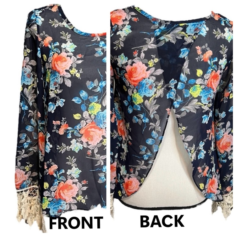 Rue 21 Floral Lace Sheer Summer Blouse Top with open back area